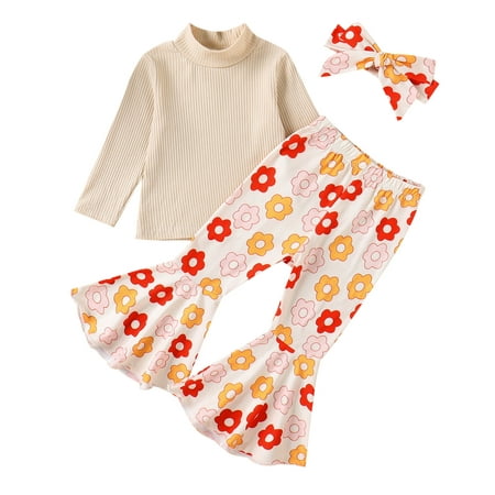 

simu Valentines Day Girls Outfits Toddler Girls Long Sleeve Ribbed T Shirt Tops Floral Printed Bell Bottoms Pants Headbands Kids Outfits for Birthday Wedding