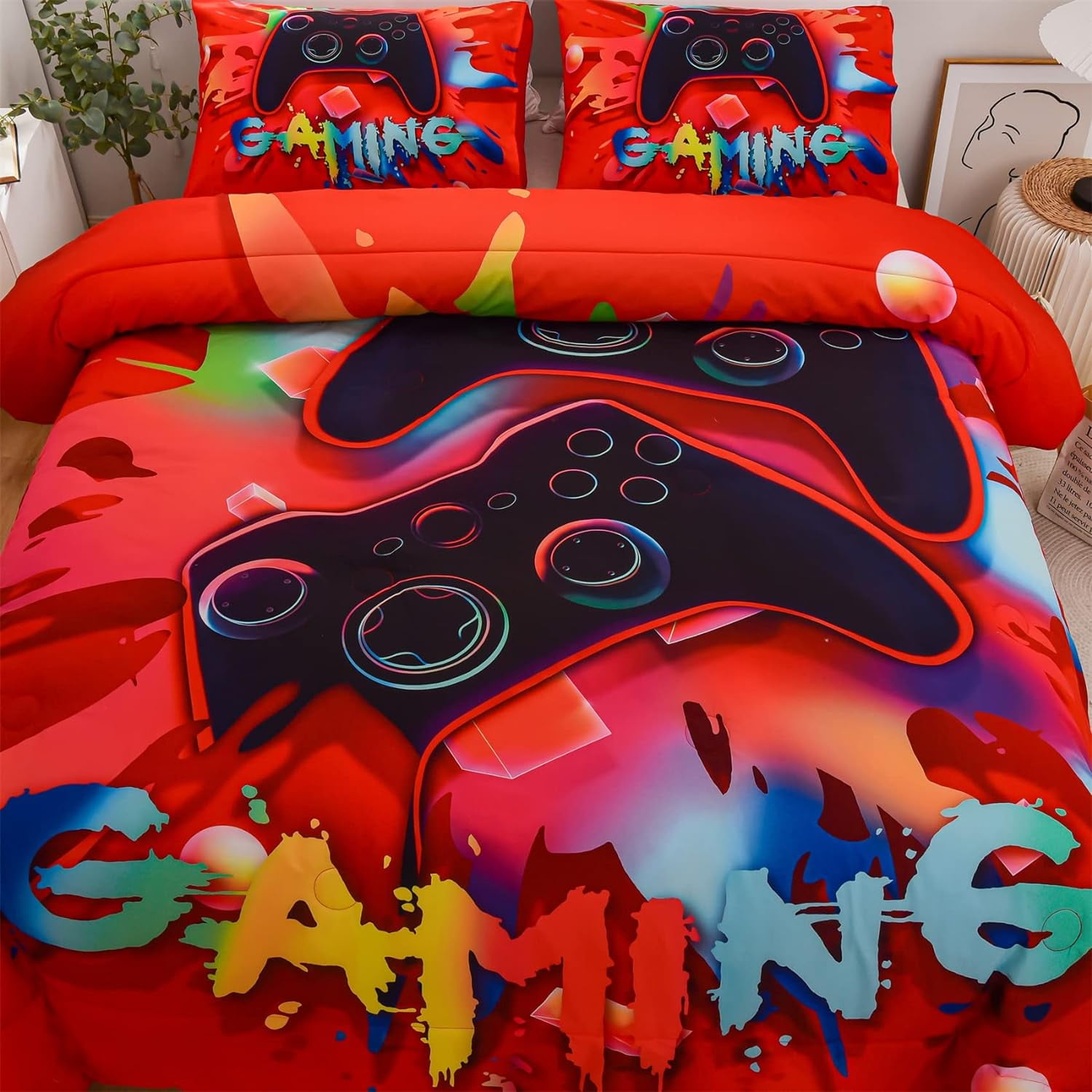 NTBED Red Twin Gaming Comforter Sets for Boys Kids Bedding Sets Colorful Games Console Gamer Quilt Set