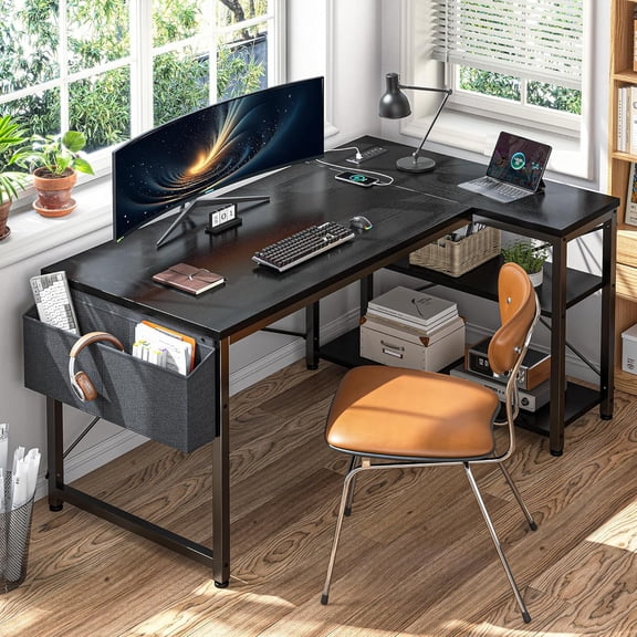 JessieMal 48" L Shaped Desk Office Desk with Power Outlets,Computer Desk with Reversible Storage Shelves & Side Bag,Small Gaming Desk for Gaming Working Small Space Home Office Bedroom,Black