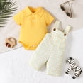 thumbnail image 3 of Mikrdoo Newborn Boys Outfits Summer Solid Color Turn-down Collar Romper Tops Plaid Suspender Pants 2Pcs Clothes,As Gift, 3 of 10