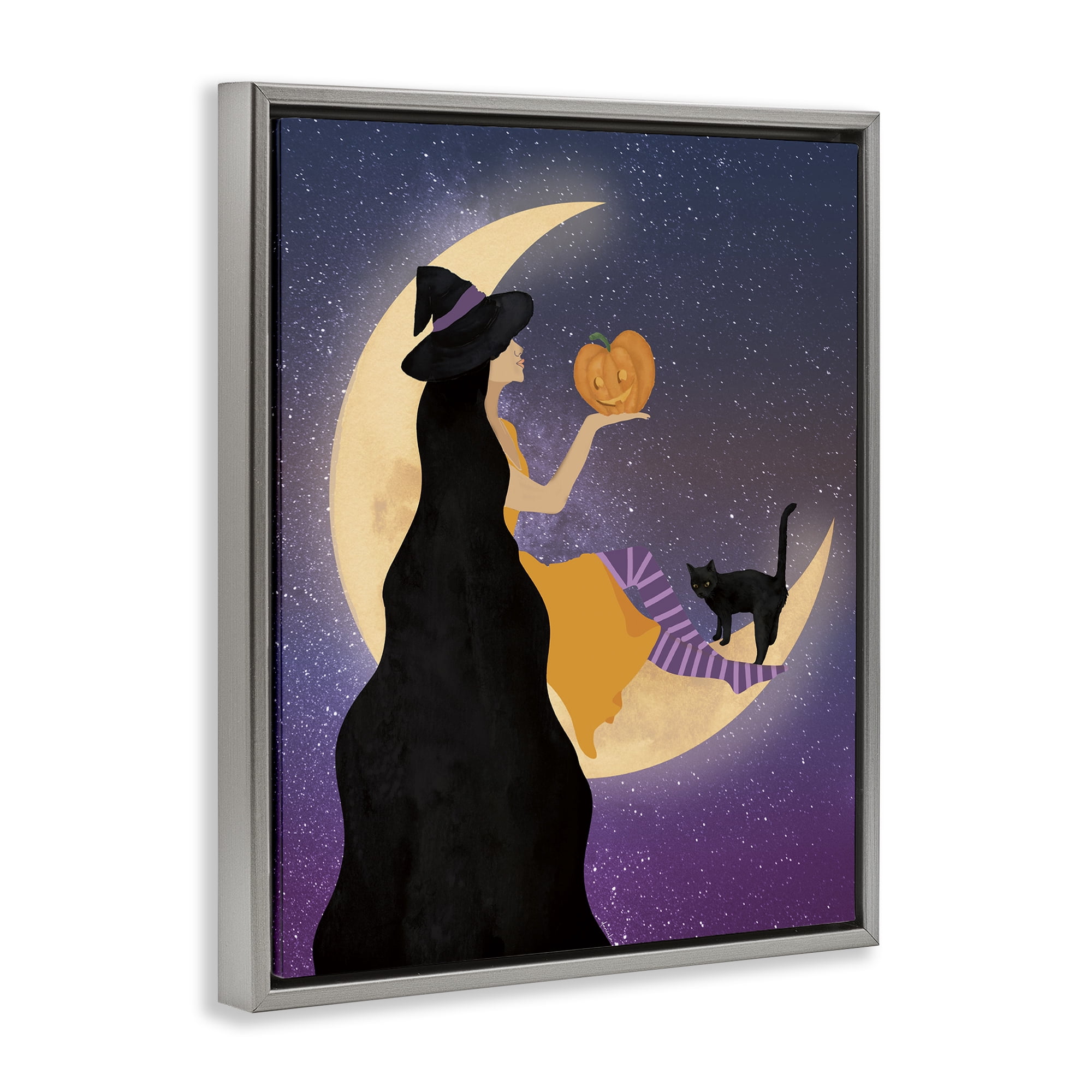 Stupell Industries Moonlit Witch Holding Jack-o-Lantern Gray Framed Floater Canvas Wall Art, design by Daniela Santiago