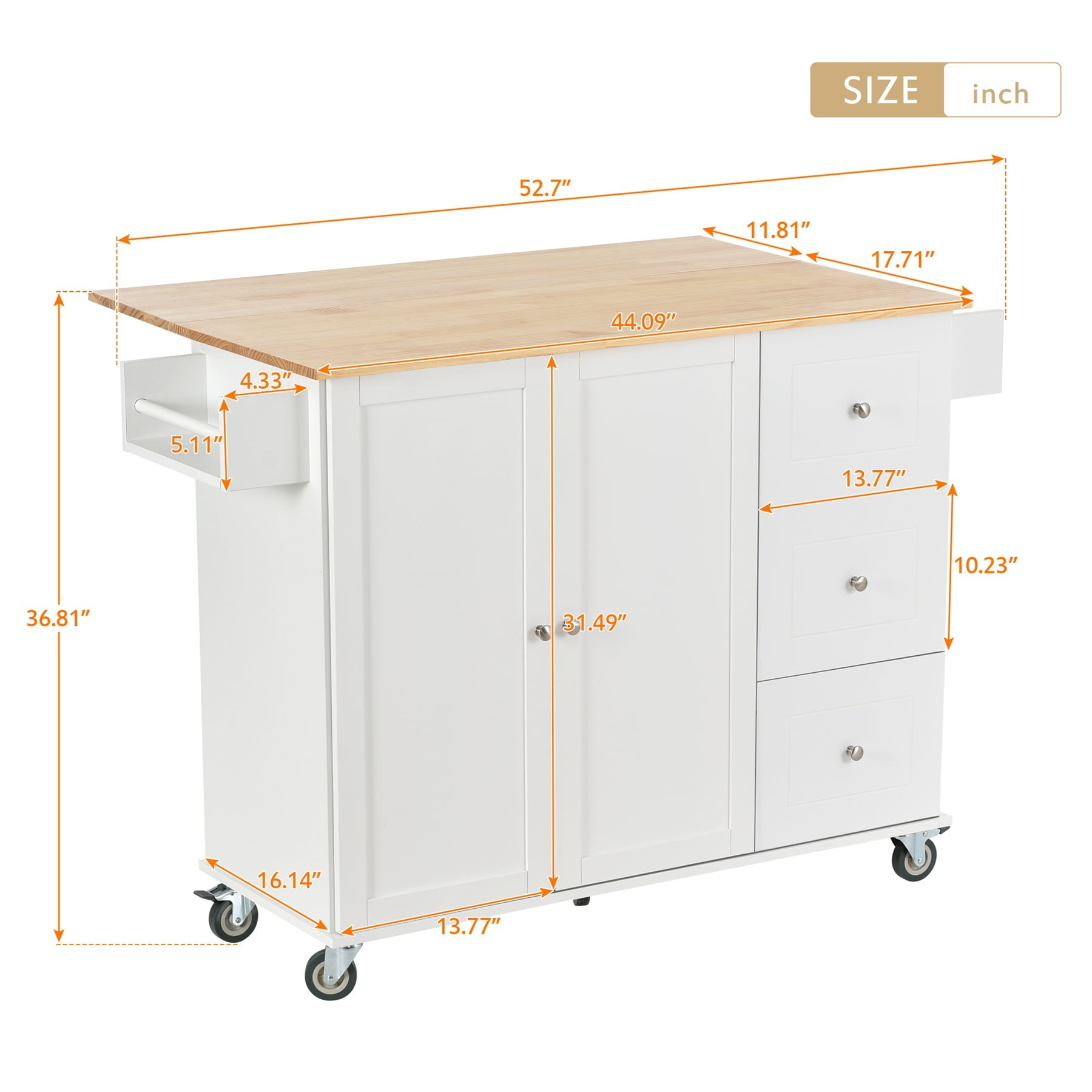 Alvantor 53'' Kitchen Island Carts, Mobile Buffet Cabinet with Drop Leaf, Spice Rack and Towel Rack for Dining Room Living Room White