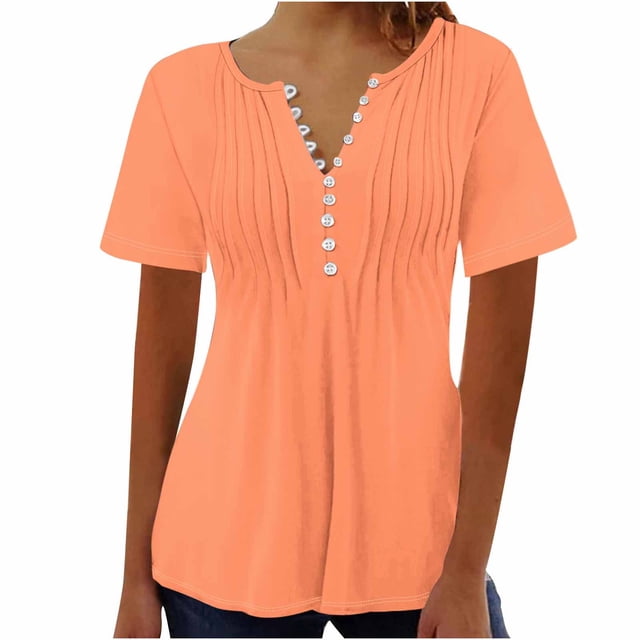Timegard Hauts d'Été pour Femmes Évasés Manches 3/4 Col en V Boutonné Chemise Froncée Tunique Décontractée Habillée