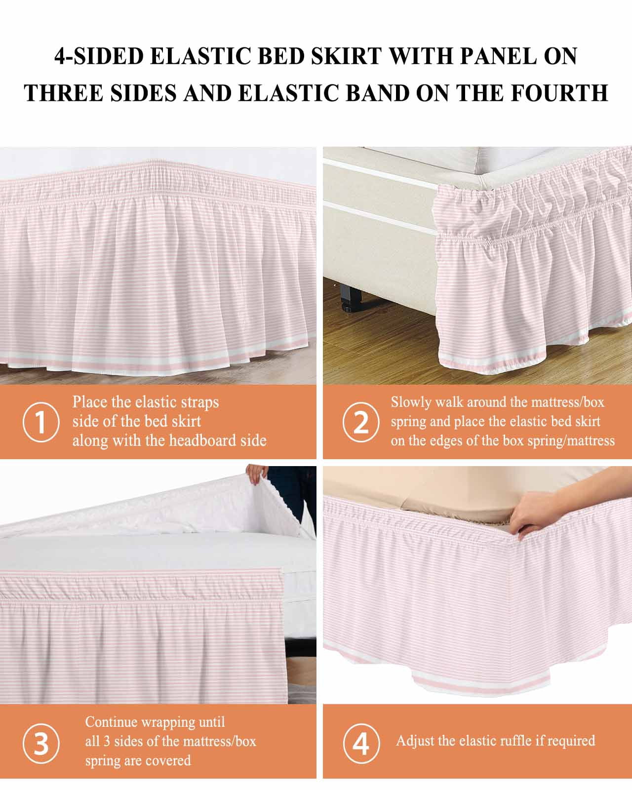 Farmhouse Pink White Striped Bed Skirt King Size, Modern Stripes Wrap Around Bed Skirting with Adjustable Elastic Strap, Dust Ruffle Pleated Bedskirts 16 Inch Drop for Bedroom King Beds