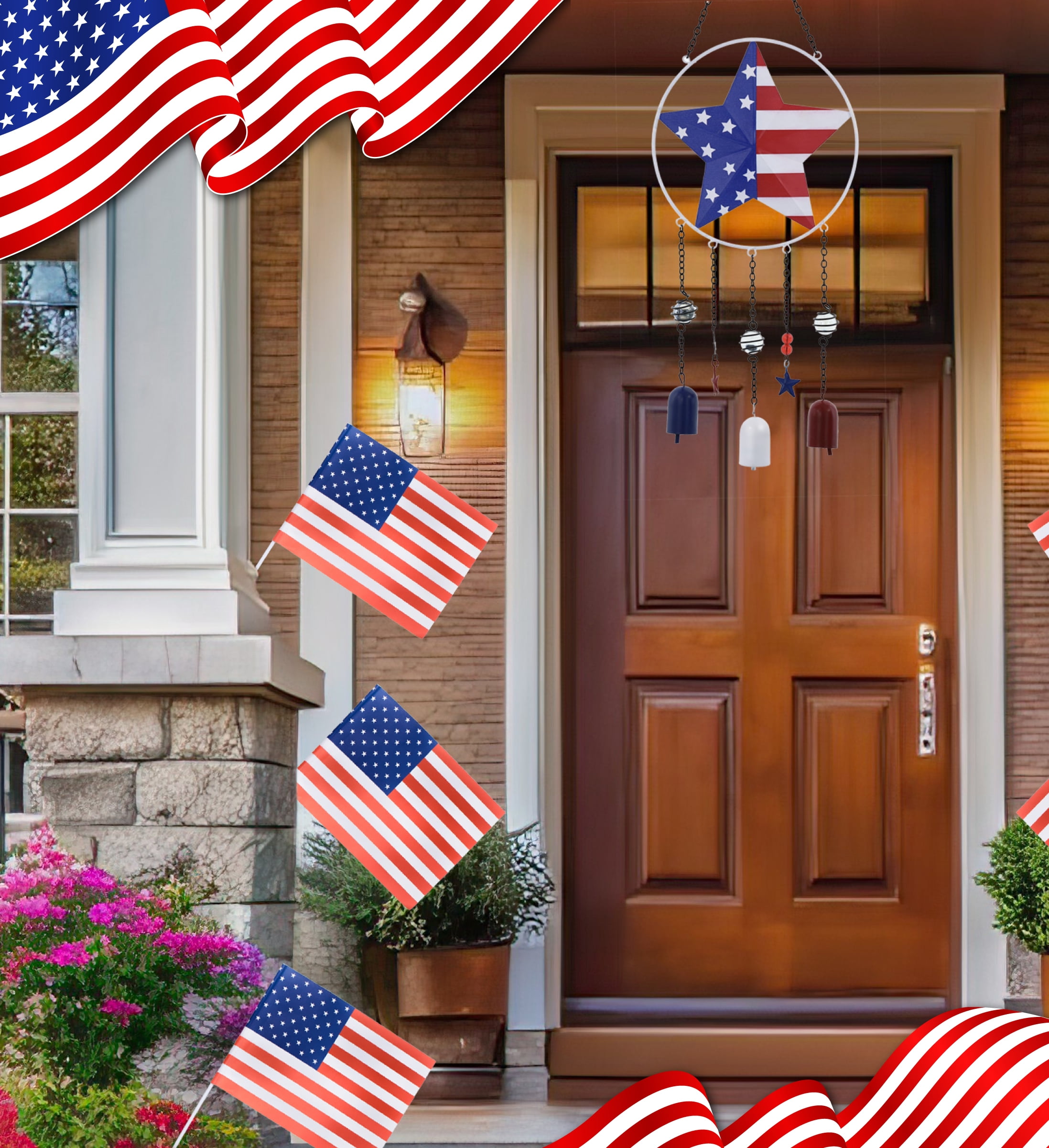 CoTa Global USA Flag Star Wind Chime - American Flag Patriotic Indoor or Outdoor Windchime Home Decor with Hanging Bells, Handcrafted Glass and Metal Wind Chimes for Yard, Garden, Porch - 24 Inch