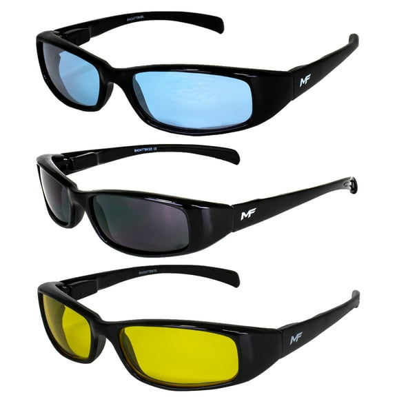 3 Pairs of MF Eyewear Bad Attitude Motorcycle Glasses Shatterproof Polycarbonate Black Frame UV400 Filter, Scratch-Resistant Motorcycle Riding Glasses Blue, Super Dark & Yellow Lenses