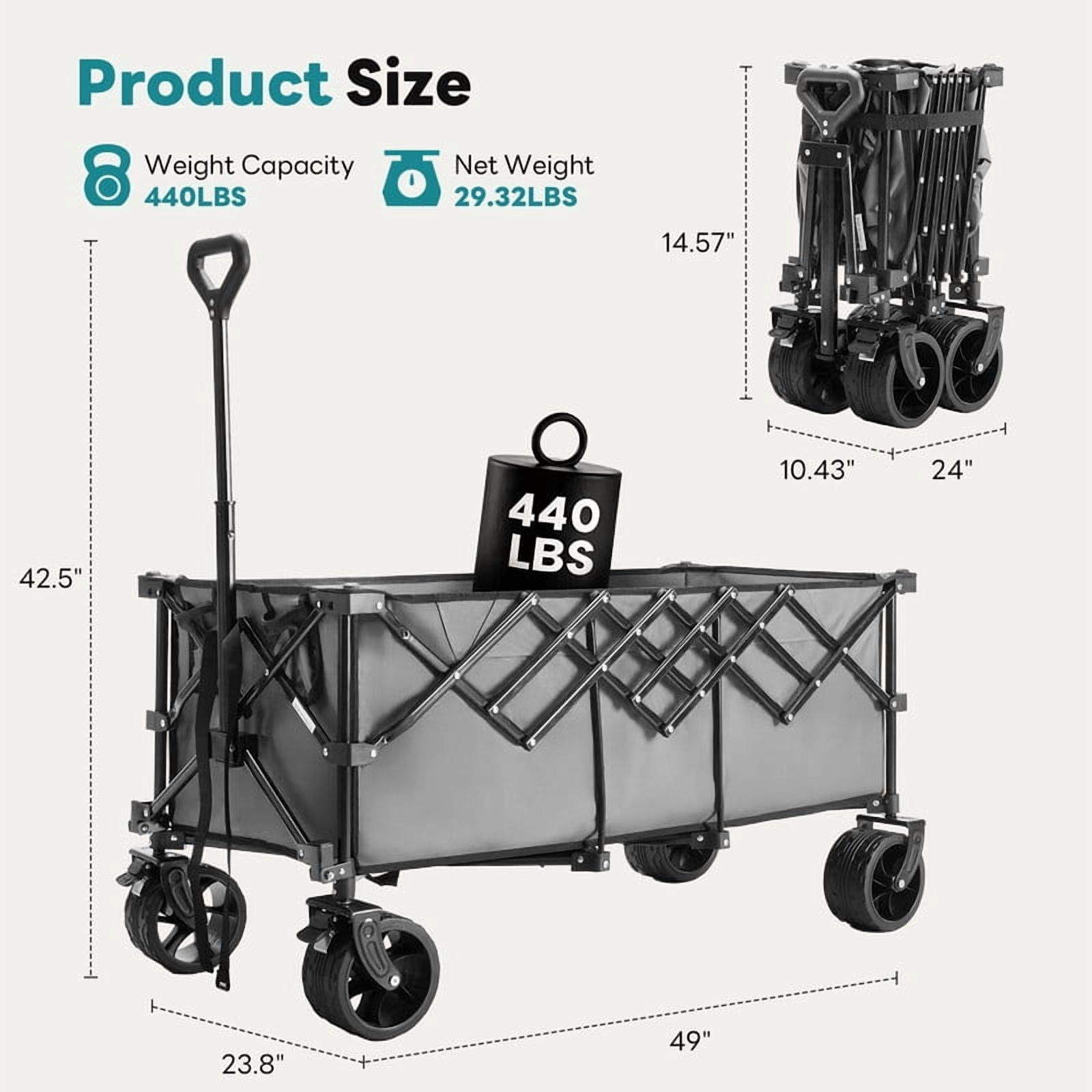 Gianna Foldable Wagon Cart, 440lbs Capacity heavy-duty steel frame