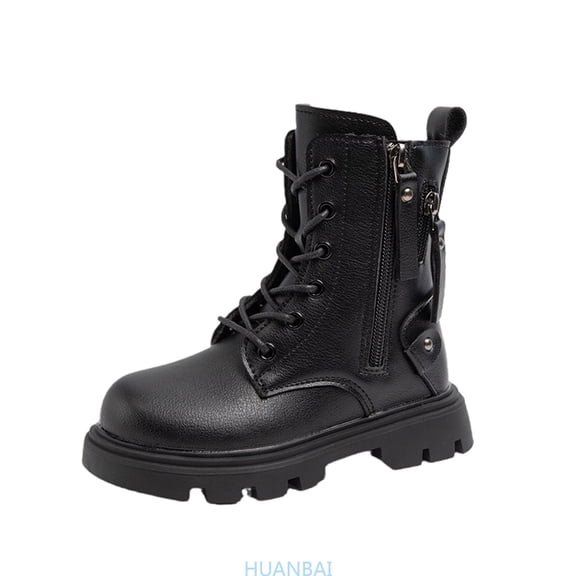 HUANBAI Girls Ankle Boots With Side Zipper Leather Upper Lace Up Design For Autumn Winter Casual Wear And Outdoor Activities ,(10-10.5 Years Black) Size ,2