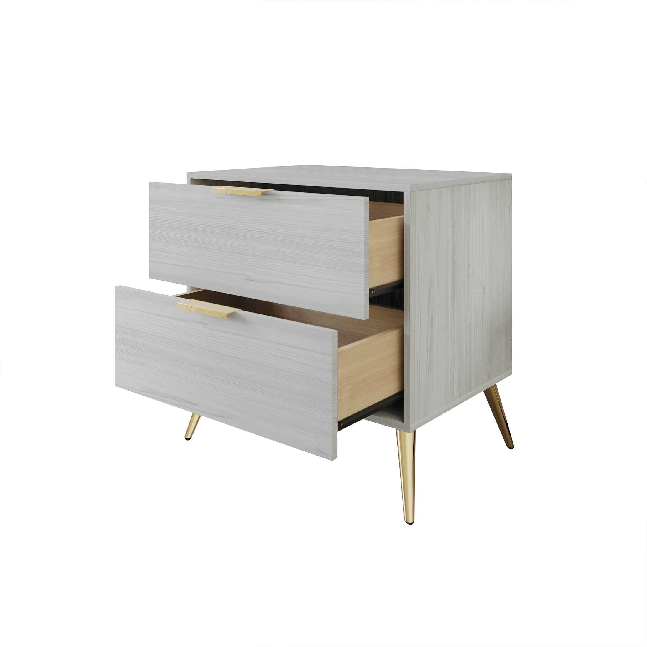 Castle Place Glam 2 Drawers Wooden Nightstand, Light Grey
