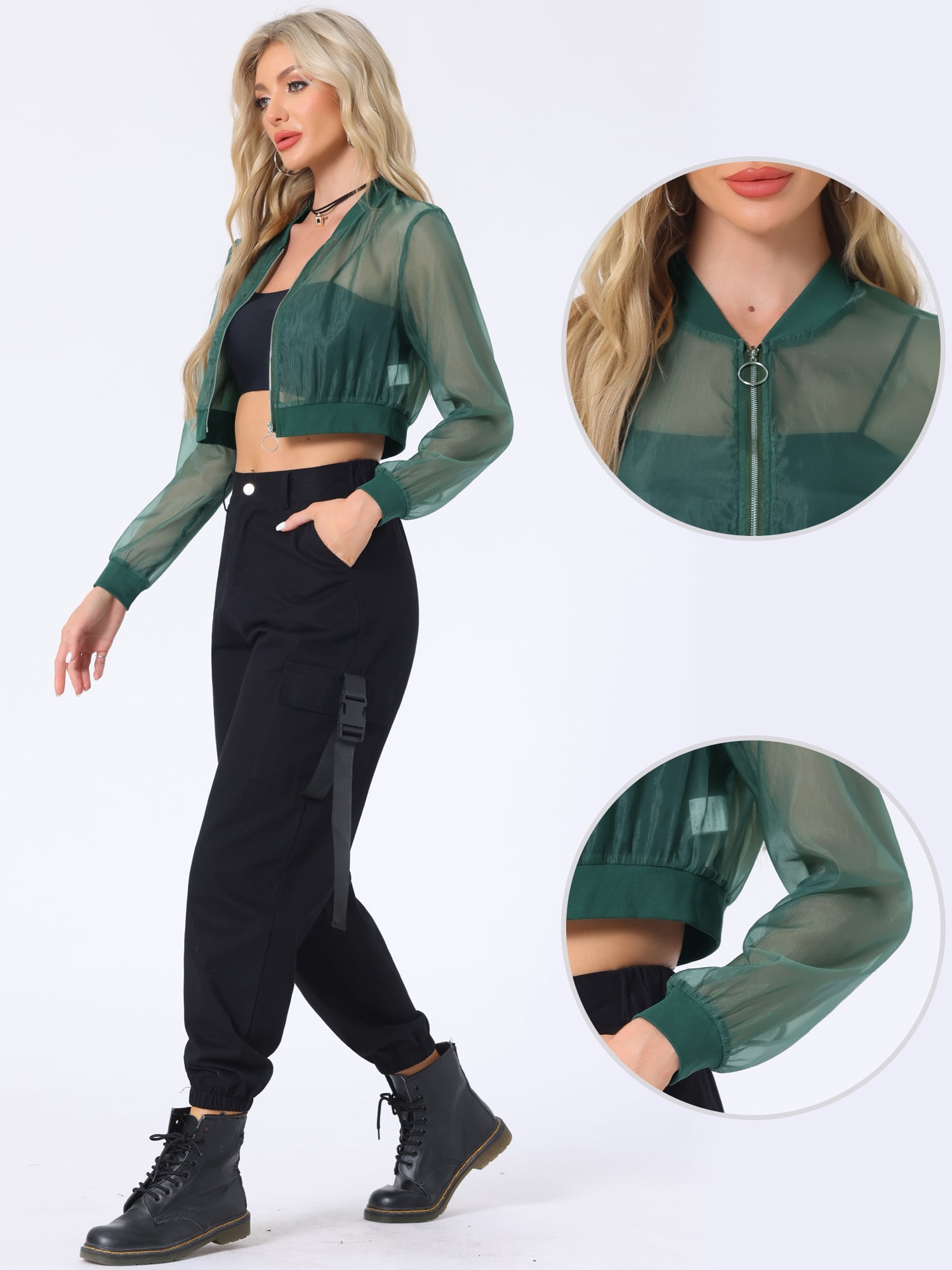 DARING DIVA Crop Bomber Casual Lightweight Zip Up Jackets XL Green