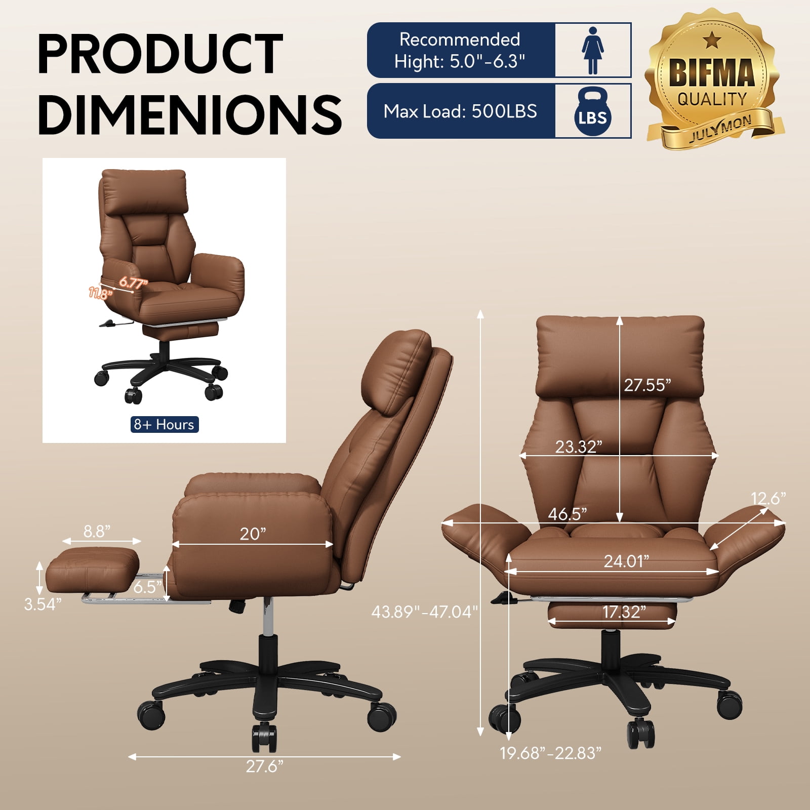 HomeZeer 500lbs Capacity Cross Legged Office Chair, Big and Tall Office Chair with Footrest, PU Leather Criss Cross Desk Chair with Reclining Back, Adjustable Arms & Wide Seat for Home Office, Brown