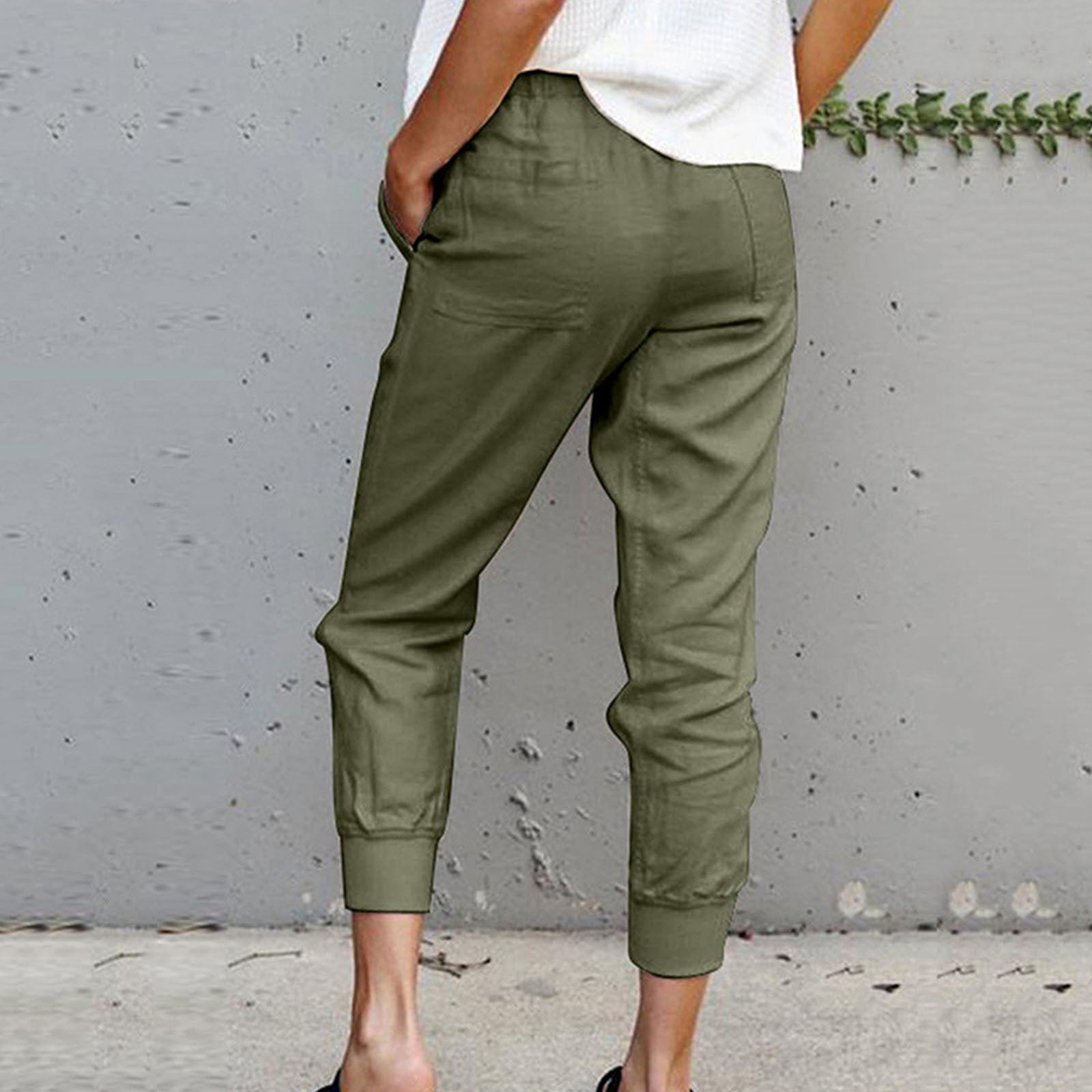 2DXuixsh Travel Pants for Women Women Solid Color Pant Trouser Casual Pants  Female High Waist Pant Slim Thin Nine Points Solid Color Trouser Womens  Work Pants Wide Leg Polyester Army Green L 
