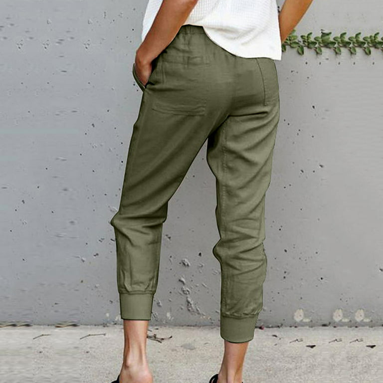 MRULIC pants for women Women Solid Color Pant Trouser Casual Pants Female  High Waist Pant Slim Thin Nine Points Solid Color Trousers Army Green + S 