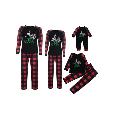 

Christmas Family Matching Pajamas Set Christmas Tree/Hat Print Long Sleeve Tee and Plaid Pants Casual Sleepwear