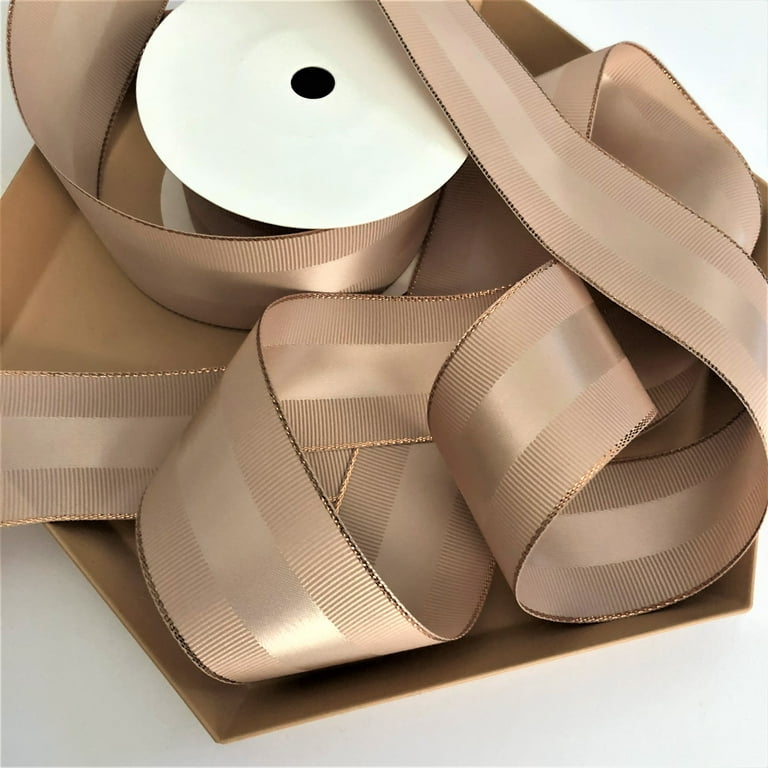 Tan & Rose Gold Grosgrain Ribbon 1 1/2 inch, 30 Yards, 10 Yards Per Roll, 3  Rolls, Double Face, 1.5 Inch, Premium Fabric Ribbon with Metal Trim