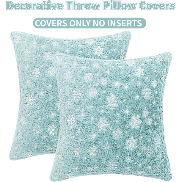 Chockeie Soft Faux Fur Fuzzy Cute Decorative Throw Pillows Covers With Snowflake Glitter Printed Pillowcases Christmas blue pack Of 2