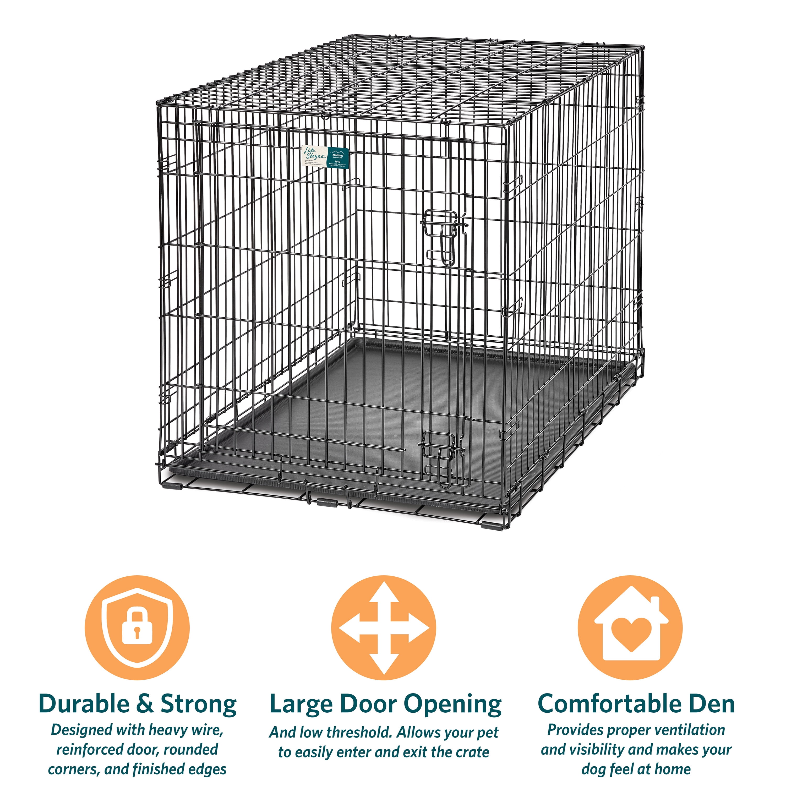 MidWest Homes for Pets 42-inch LifeStages Crate for Large Breeds 71-90 lbs Single Door Folding Dog Crate with Divider Panel Leak-Proof Tray & Secure Latch