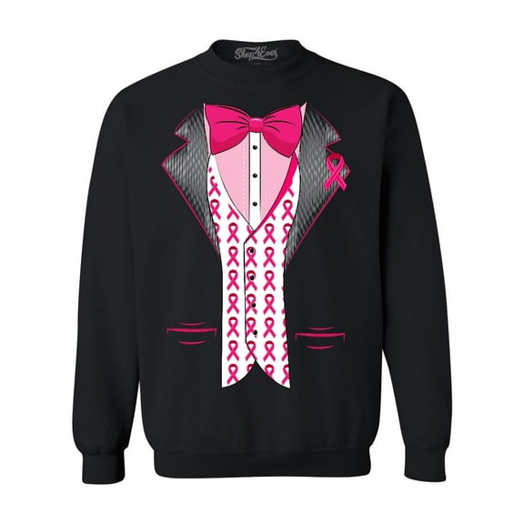 Shop4Ever Men's Breast Cancer Tuxedo Crewneck Sweatshirt Medium Black