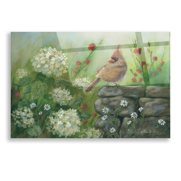Epic Art 'Cardinal & Hydrangeas' by Pam Britton, Acrylic Glass Wall Art, 16"x12"