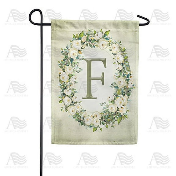 America Forever Spring Monogram Garden Flag Letter F 12.5 x 18 inches Double Sided Vertical Outdoor, Yard, Lawn, Beautiful Floral Wreath, White Flowers, Rose, Summer Themed Garden Flag