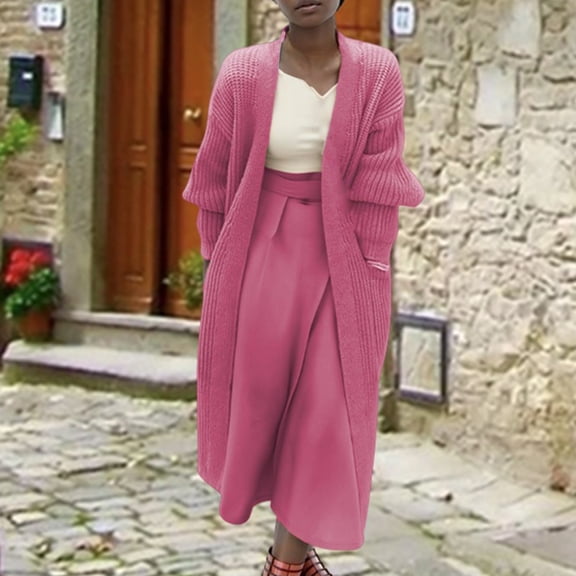 AOOCHASLIY Women's Winter Coat Summer Clothes Women's Fashion Solid Color MIDI Style Knit Cardigan Big Pocket Coat