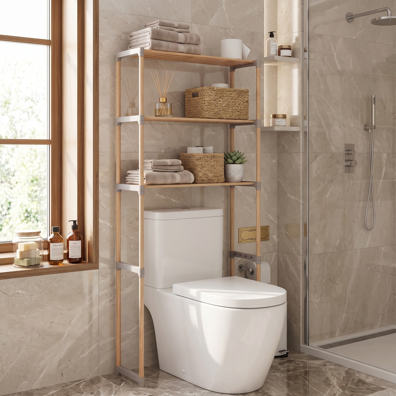ALPULON Multi-Tier Over the Toilet Storage Rack with Open Shelves and Solid Pine Wood Frame for Bathroom and Laundry Room, Natural and Gray