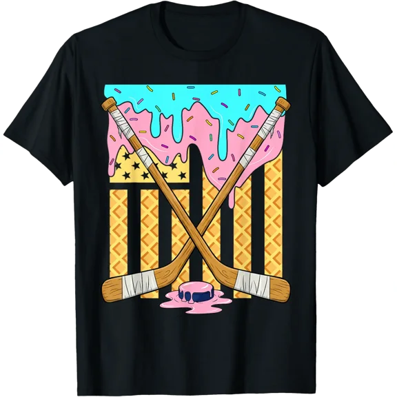 American Flag Ice Cream Drip Boys Ice Hockey Sport Player T-Shirt All Size S-5Xl