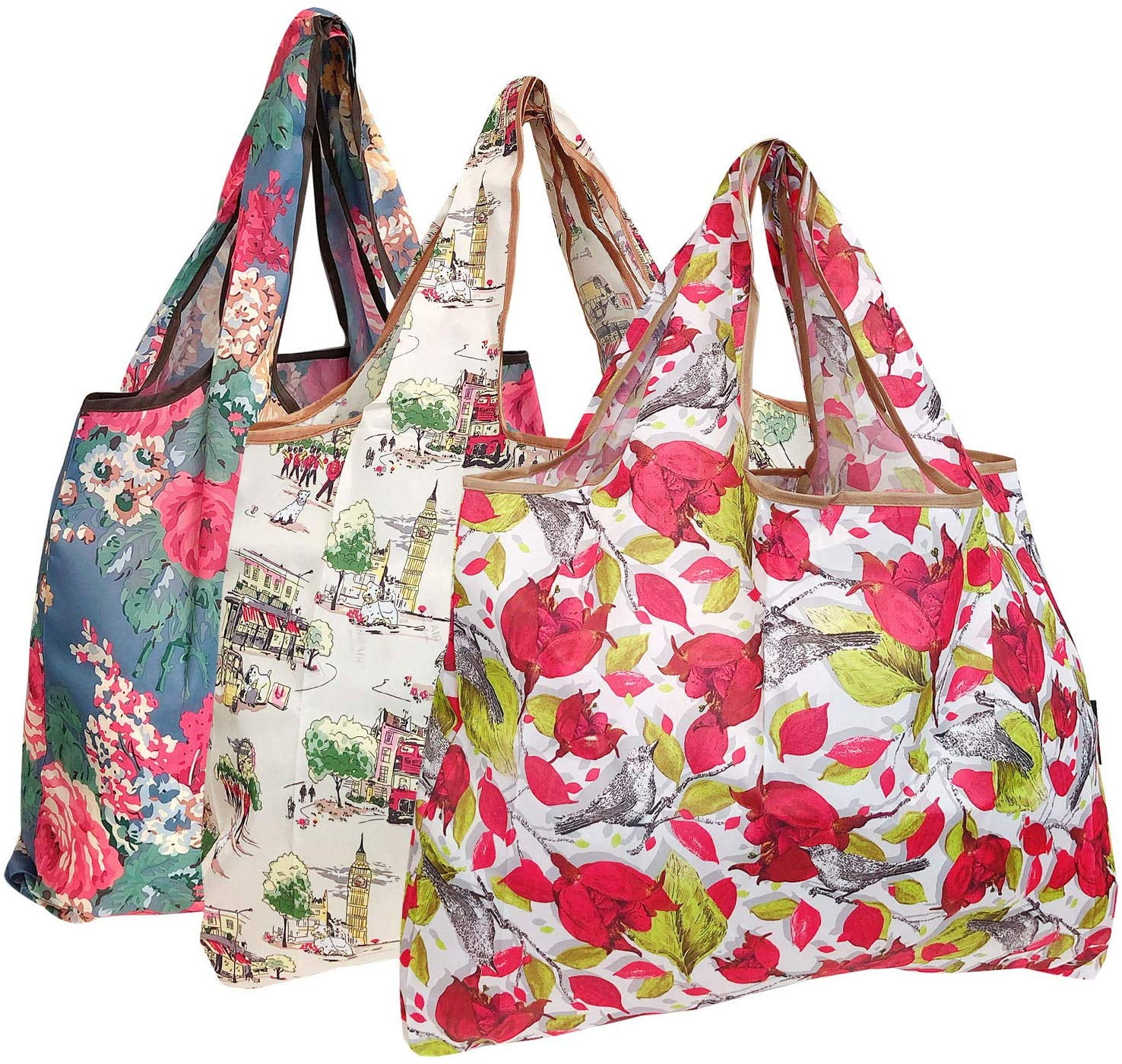 Wrapables Large Foldable Tote Nylon Reusable Grocery Bag, 3 Pack