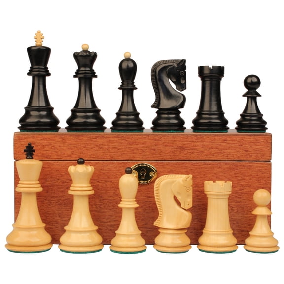 Zagreb Series Chess Set Ebonized & Boxwood Pieces with Mahogany Chess Box - 3.875" King