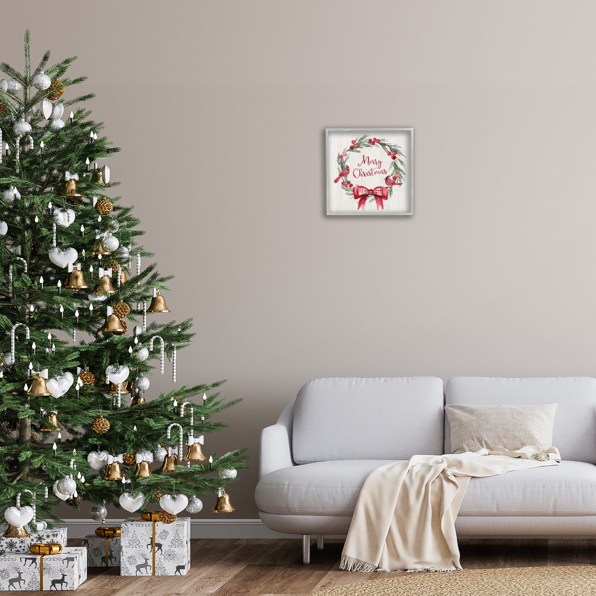 Stupell Industries Merry Christmas Holly Wreath Holiday Painting Gray Framed Art Prints Wall Art, 17 x 17