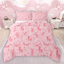 jejeloiu Cartoon Kitten Cat Full Size Comforter Sets,Pet Lovers Bedding Comforter Set,Pink Stars Pattern Bedding Sets For Girls,Ultra Soft Home Decor Reversible,3pcs