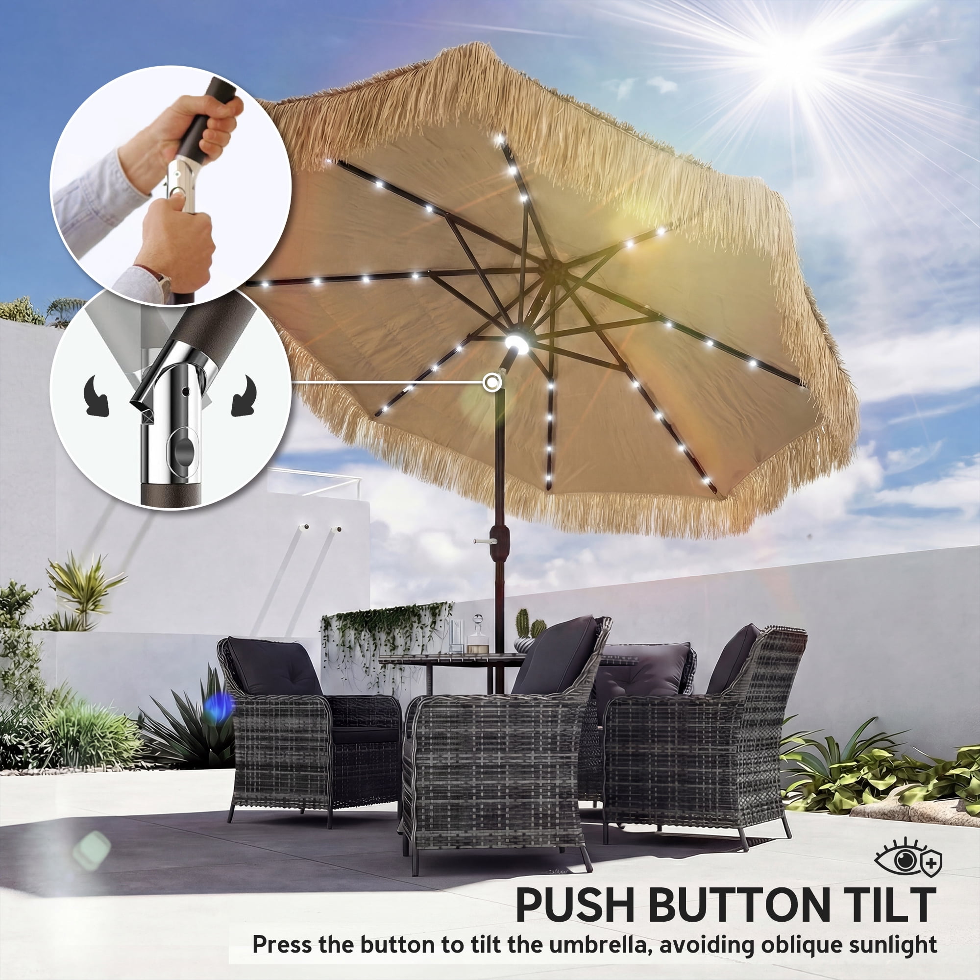 Outsunny 9 ft Hula Thatched Tiki Patio Umbrella with LED Solar Light, Tropical Hawaiian Style Outdoor Umbrella with Crank, Tilt, UPF30+, Khaki