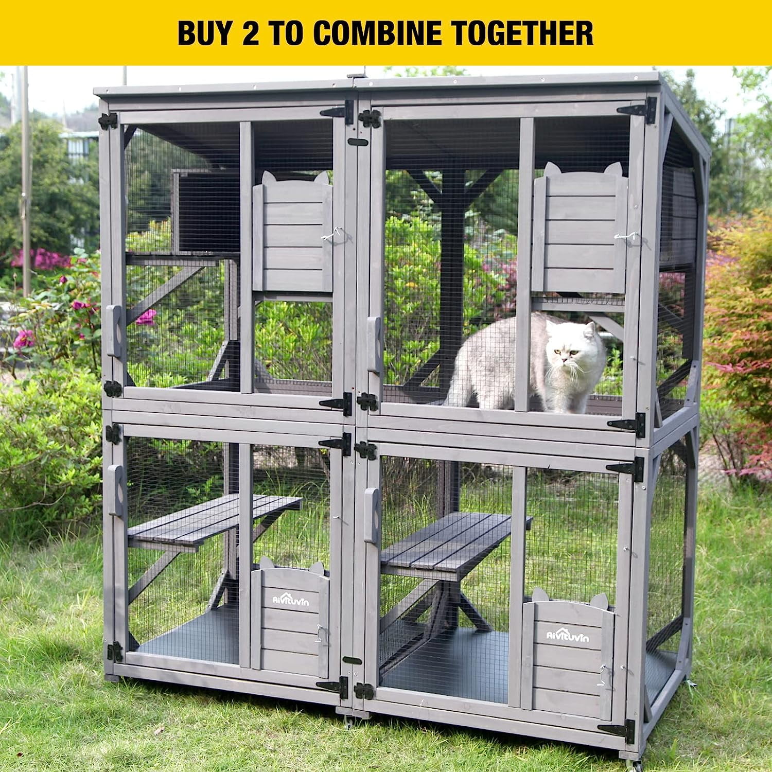 Aivituvin Catio Outdoor Cat House Wooden Cat Enclosure Resting Box with 3 Platforms, 71 inch Kitten Condo Pets Cage, Gray
