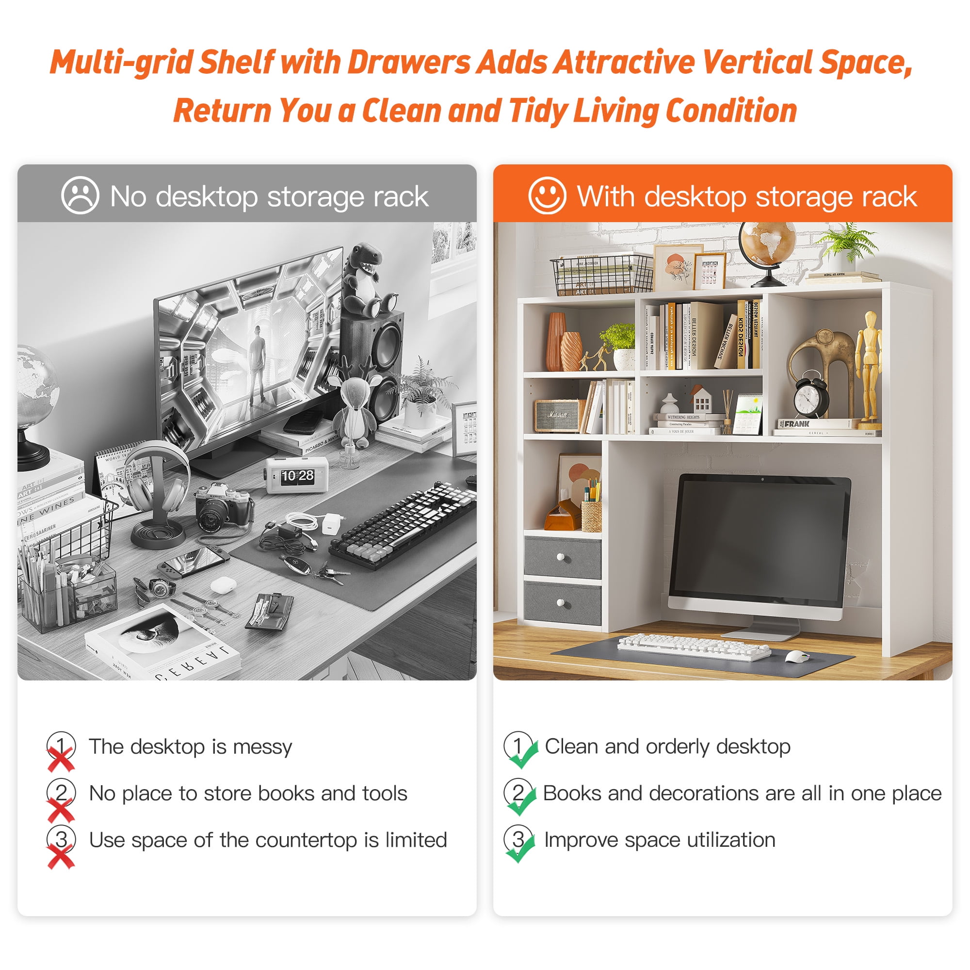 Desktop Bookshelf Wood Desk Hutch Organizer with 8 Shelves and 2 Drawers for Computer Desk,Adjustable 5-Tier Desk Storage Organizer,College Cube,Display Shelf Rack for Dorm Office Home,White
