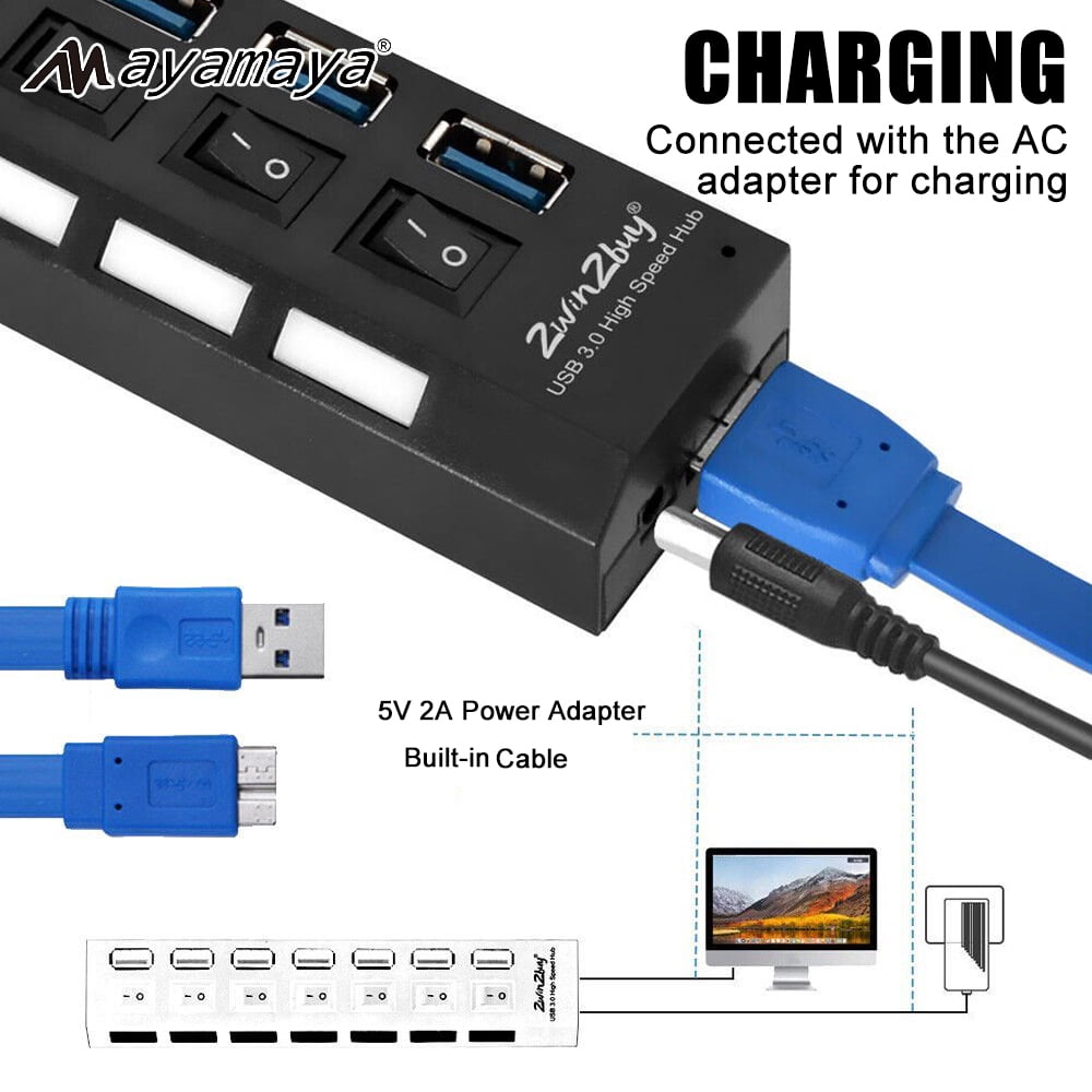 AYAMAYA 7-Port USB 3.0 High Speed Extension Charger Adapter with On/Off Switch & LED Light for PC/Laptop/PS4/Slim/Pro Hub