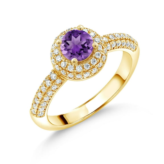 Gem Stone King 18K Yellow Gold Plated Silver Purple Amethyst and White Moissanite Engagement Ring for Women (1.04 Cttw, Round 5MM, Available in Size 5, 6, 7, 8, 9)