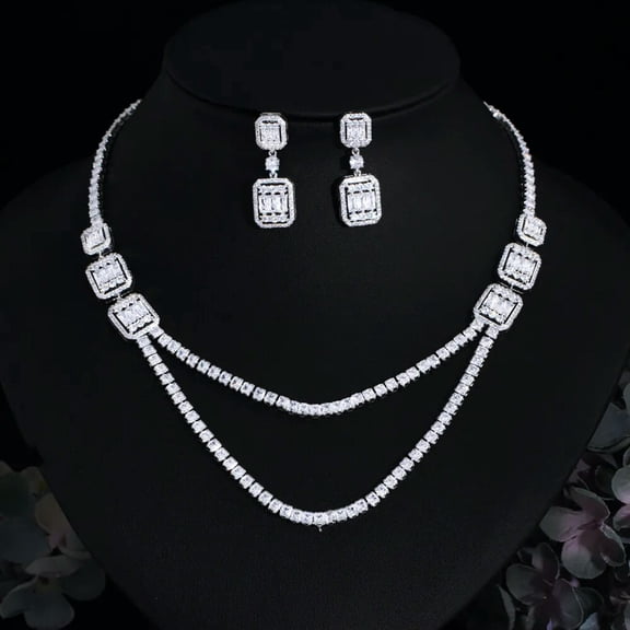 EOEMY White Cz Double Layer Wedding Necklace And Earring Bridal Party Wear Jewelry Set