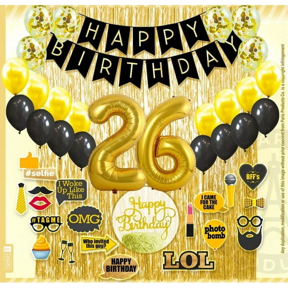 26th Birthday Decoration Black and Gold for Boy & Girl, 26th Cake Topper, 26th Party Supplies for Her and Him, 26th Birthday Photo Props