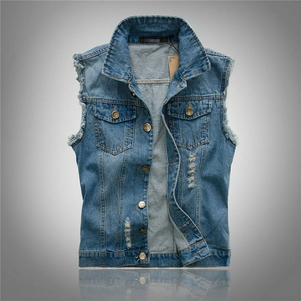 Chaleco vaquero ajustado de estilo coreano para hombre, chaleco de color claro para hombre, chaleco rasgado de talla grande a la moda