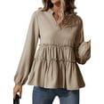 thumbnail image 4 of HUBERY Women Ruching Layered Hem V Neck Long Sleeve Elastic Cuff Solid Color Top, 4 of 7