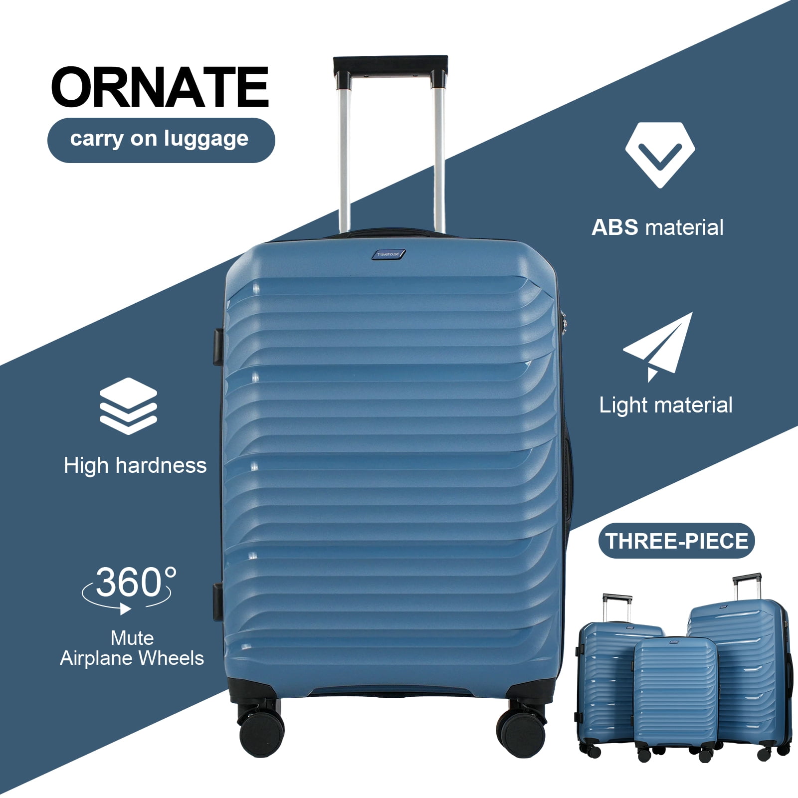 Travelhouse 3 Piece Hardshell Luggage Set Hardside Lightweight Suitcase with Lock Spinner Wheels and 2 Packing Cubes.(Blue)