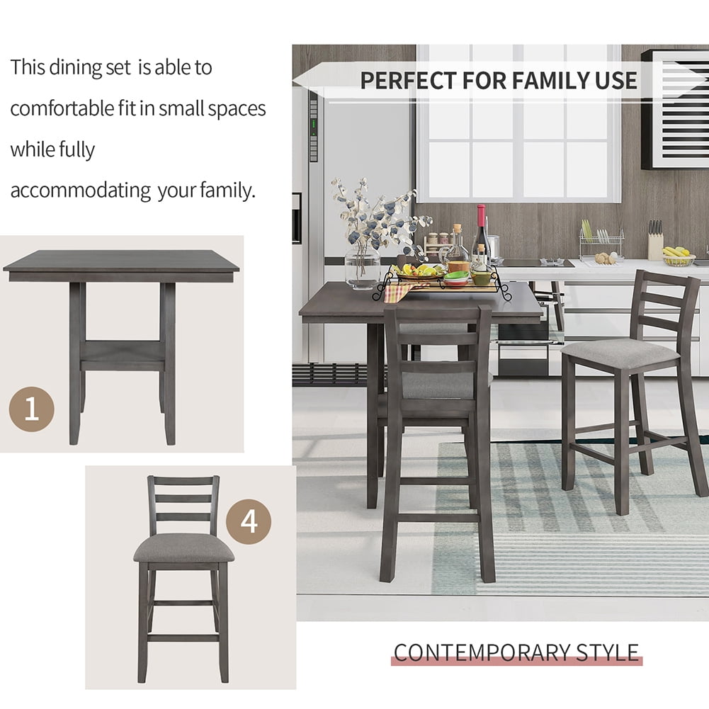 Canddidliike Wooden 5-Piece Storage Dining Table and Padded Chairs Set Distressed Gray