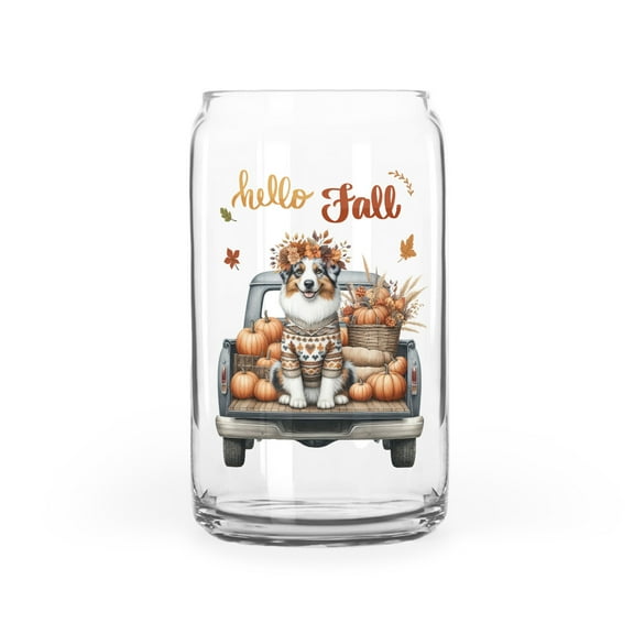 Hello Fall Autumn Australian Shepherd Pumpkins Pickup Truck 16oz Glass Cup Mug Aussie Dog Lover Gifts Glass Can - 13011