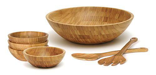 Heim Concept Bamboo Salad Bowl 4 PC Set w/Serving Hands 2 square bowls & pair salad servers Eco-Friendly BPA Free 