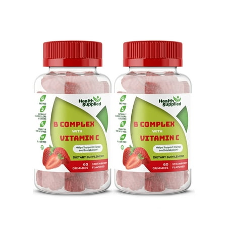 Vitamin B Complex with Vitamin C Gummies 2 Pack | Great Tasting Natural Strawberry Flavor Daily Energy and Nerve System Supplement