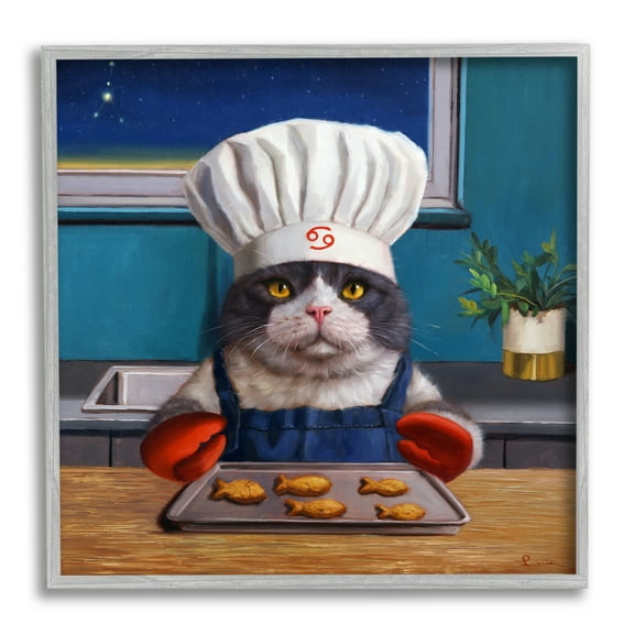 Stupell Industries Fresh Baked Fish Cookies Cat Chef Astrological Symbol Painting Gray Framed Art Print Wall Art, Design by Lucia Heffernan