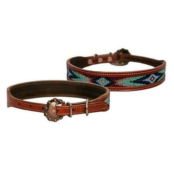 Showman Couture Genuine Leather Dog Collar w/ Turquoise Beaded Inlay (Small)
