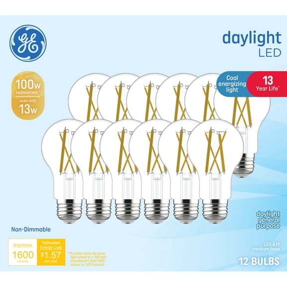 GE General Purpose Clear A19 LED Light Bulbs, 100 Watt Replacement, Daylight (12 Pack)
