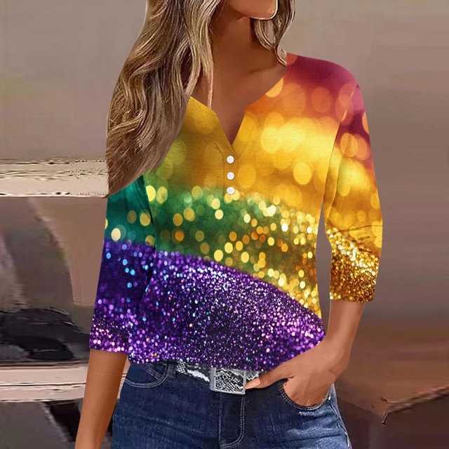 Fiudx Ofertas Relámpago Blusa de Manga 3/4 Corta Estampada a La Moda para Mujer, Blusa Informal con Cuello Redondo
