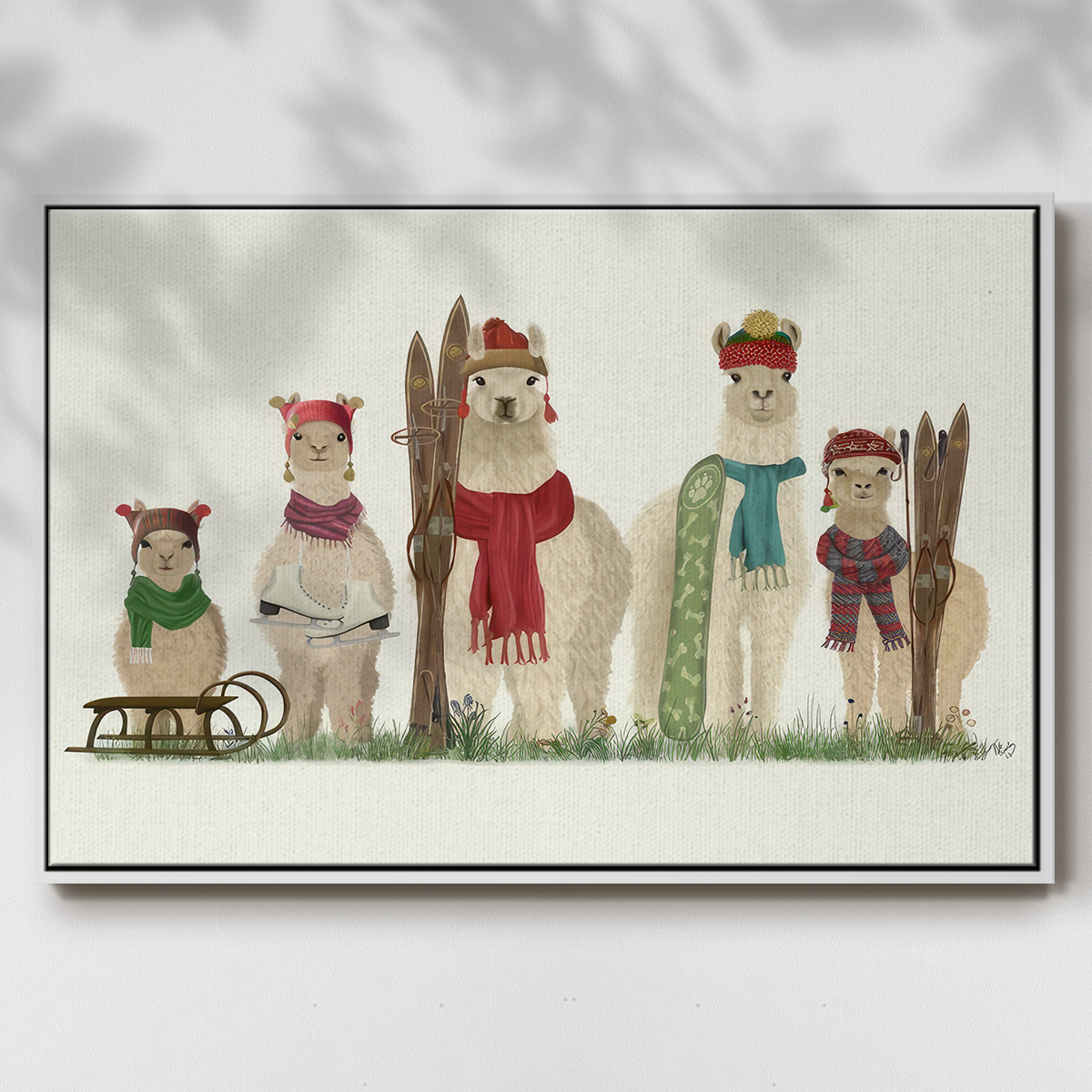 Llama Family Winter Sports - Framed Gallery Wrapped Holiday Canvas - 17 x 25 - White Frame